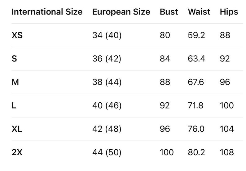 May include: A clothing size chart showing international and European sizes, with bust, waist, and hip measurements in centimetres. Sizes range from XS to 2X, with corresponding measurements.