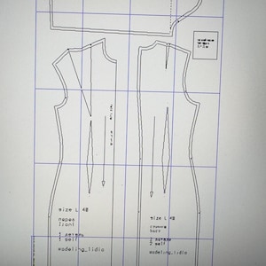 May include: A digital image of dress pattern pieces, size L 48, with text in Russian. The pattern includes front and back bodice pieces, and a sleeve pattern. The design is outlined in black on a grid background.