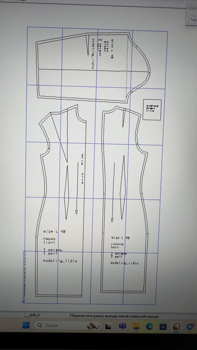 K&ouml;nnte beinhalten: Digitales Bild von Schnittmustern f&uuml;r ein Kleid, Gr&ouml;&szlig;e L 48, mit russischem Text. Das Muster umfasst Vorder- und R&uuml;ckenteile sowie ein &Auml;rmelmuster. Das Design ist in Schwarz auf einem Rasterhintergrund dargestellt.