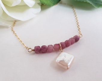 Pink Tourmaline and Pearl Necklace, Pearl and Gemstone Necklace Gold, Gold Filled Necklace Pearl, Natural Pearl Pendant, Stone Bar Necklace