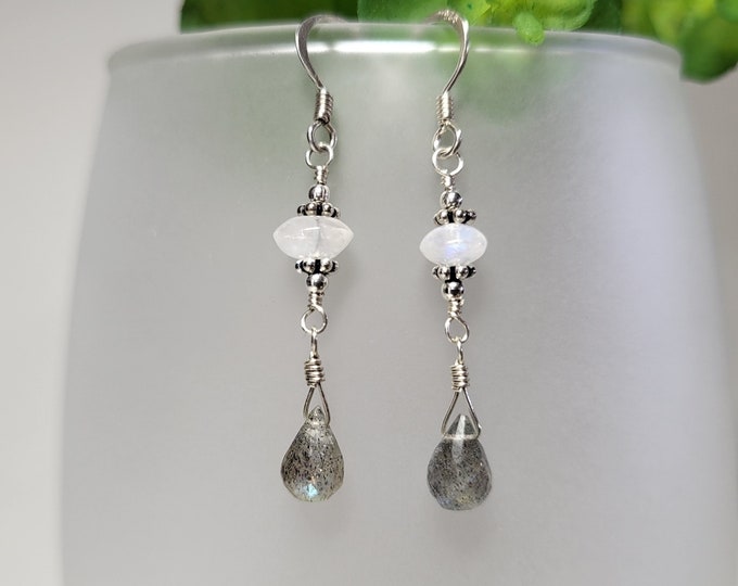 Labradorite and Moonstone Earrings Sterling Silver Dangle, Dainty Gemstone Earrings, Multi Stone Earrings, Minimalist Gemstone Earrings,