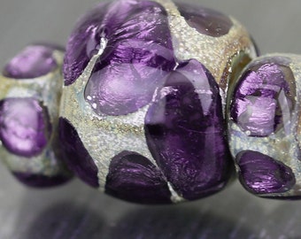 Set of 3 purple big hole beads. Handmade artisan lampwork glass bead set, large hole beads, lhb bhb Sea Rocks leash beads by Anne Londez