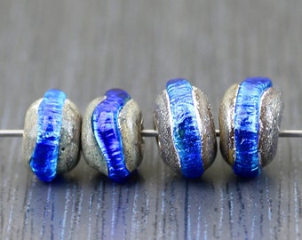 4 Cobalt blue glass beads, RTS dark royal blue rondelle Beads, Artisan handmade lampwork bead set. Unique ooak Sea Rocks by Anne Londez