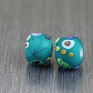 2 Dark turquoise handmade lampwork beads Barcelona lampwork bead set. Multicolor lampwork beads by  Anne Londez OOAK  SRA
