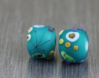 2 Dark turquoise handmade lampwork beads Barcelona lampwork bead set. Multicolor lampwork beads by  Anne Londez OOAK  SRA