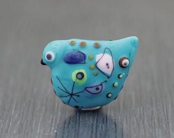 Turquoise blue Barcelona bird glass bead. Small focal bead. Handmade lampwork focal bead Matte bead. Unique etched glass bead Anne Londez