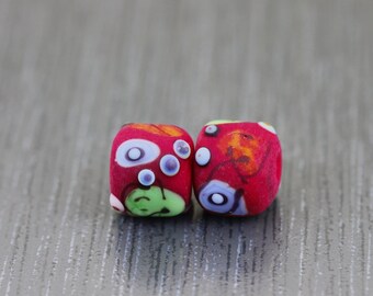 2 Dark red handmade lampwork beads Barcelona lampwork bead set. Multicolor lampwork beads by  Anne Londez OOAK  SRA