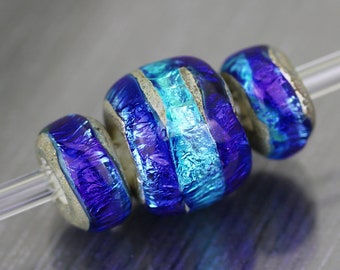 Set of 3 cobalt & aqua blue big hole beads. Handmade artisan lampwork glass bead set, large hole beads, lhb bhb Sea Rocks Londez
