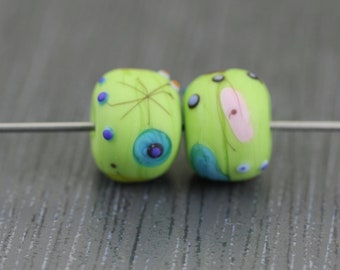 2 green handmade lampwork beads Barcelona lampwork bead set. Multicolor lampwork beads by  Anne Londez OOAK  SRA