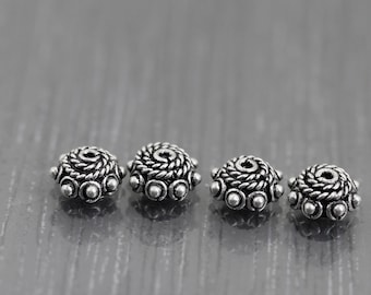 Set of 4 8.5mm Sterling silver bead caps with twisted ropes & dots. Indian silver for beading jewelry making. Destash Bali silver findings