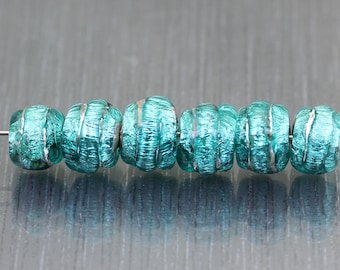 6 Teal green round glass beads. Earring pairs RTS. Teal blue Handmade lampwork bead set by Anne Londez sra. Artisan organic one of a kind