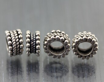4 large Indian silver large hole beads. Sterling silver beads. Rondelle Spacer beads, Bali silver beads for beader beading Destash metal lhb