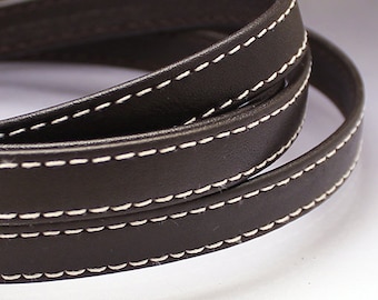 Dark brown leather strap 10x2mm Brown flat leather cord Leather string Stitched leather strip 10mm 10 mm Leather string  BRFL10X2