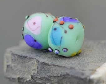 2 mint green handmade lampwork beads Barcelona lampwork bead set. Multicolor lampwork beads by  Anne Londez OOAK  SRA