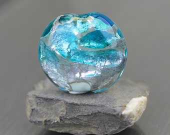 Aqua & ice blue lampwork glass focal bead- Flat lentil glass bead for jewelry making- RTS artisan lampwork Bead Handmade Anne Londez