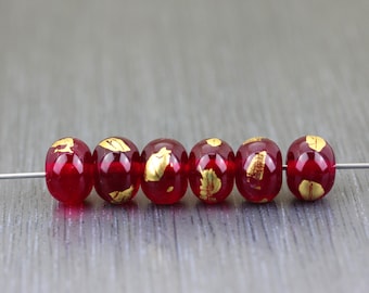 Set of 6 trasnparent red Lampwork glass beads with Gold leaf. Ready to ship round beads by Anne Londez. Gilded Rondelles earrings pair