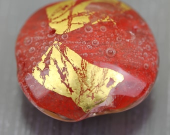 Red & gold lampwork glass focal bead. Bubbly Lentil saucer bead. Large Artisan Handmade Distressed Flat focal glass bead Anne Londez OOAK