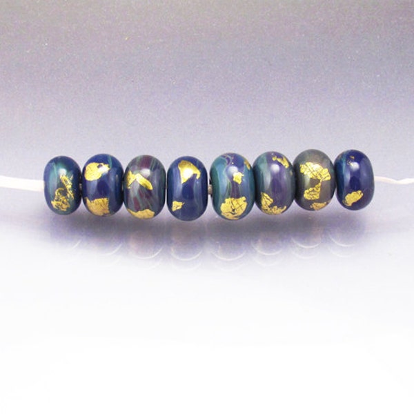 Bead set glass round beads medium gold beads MADE to ORDER lampwork beads blue jean  Anne Londez  SRA