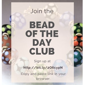 K&ouml;nnte beinhalten: Ein Armband aus bunten Glasperlen mit wei&szlig;en Punkten. Das Bild enth&auml;lt den Text "Join the BEAD OF THE DAY CLUB" und eine URL zur Anmeldung. Die Perlen sind in verschiedenen Farben, darunter Blau, Gr&uuml;n und Braun.