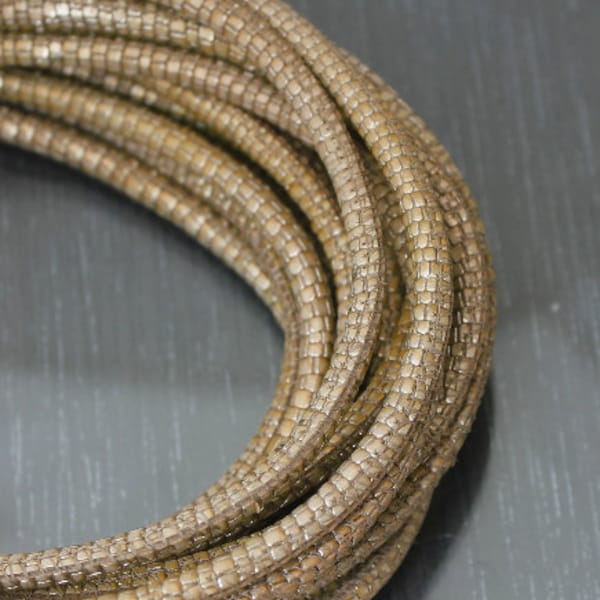 1ft Metallic champagne leather cord 4mm leather imitation reptile leather bronze cord round cord 4 mm Round leather Antique Gold leather