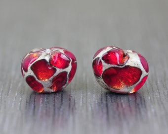 Dark red lampwork heart earring pair of Glass beads. Square lampwork bead. Set of burgundy red heart Beads for earrings Anne Londez