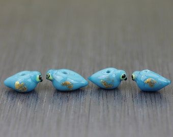 4 Turquoise blue & gold handmade mini Bird lampwork beads, small aqua blue lampwork beads. Artisan glass beads glass beads  Anne Londez OOAK