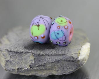 2 mauve & pink handmade lampwork beads Barcelona lampwork bead set. Multicolor lampwork beads by  Anne Londez OOAK  SRA