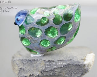 Green Bird Bead. Lampwork glass focal bead. Animal glass bead for jewelry making. Artisan lampwork Bead Handmade Anne Londez Animal