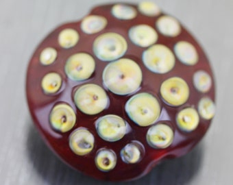 Large Chunky red lampwork focal bead + beige dots & bubbles. Handmade Artisan lampwork beads. Big bumpy organic glass beads Anne Londez