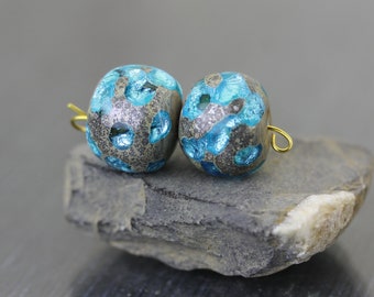 Aqua blue & gray lampwork pair of glass bead pair. Large round spacer lampwork bead. Set of 2 blue Beads Anne Londez. Earring pair