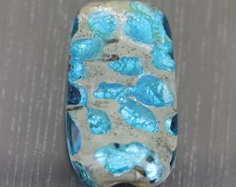 Aqua blue & gray focal lampwork glass bead. Long Organic Artisan lampwork bead tab handmade by Anne Londez. Gift for beader Sea Rocks OOAK