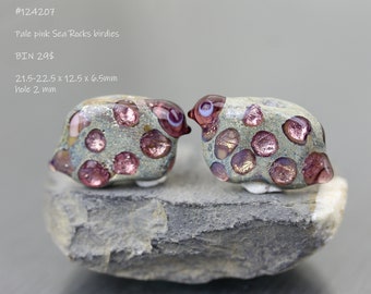 2 Pink & gray handmade Bird lampwork beads. Small lampwork beads. Artisan glass beads by Anne Londez OOAK. Pale aqua blue Earring pair