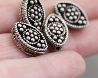 Set of 4 Oval Indian silver beads with daisy, dots & ropes. Flat Eye shape Sterling Bali silver beads for beader beading Destash metal eye