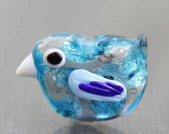 Large Blue Bird lampwork glass focal bead. Flat glass bead tab for jewelry making. Artisan lampwork Bead Handmade animal bead Anne Londez