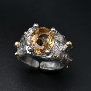 Champagne Garnet Ring - Handcrafted Silver Ring with Gold details - Unique Organic Jewelry from France