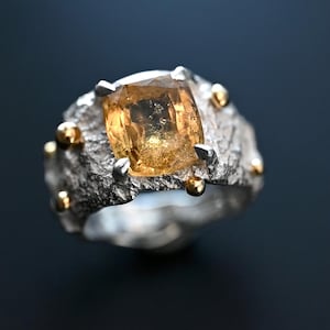 Champagne Garnet Ring - Handcrafted Silver Ring with Gold details - Unique Organic Jewelry from France