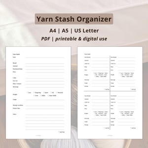 Könnte beinhalten: Ein druckbarer PDF-Garnvorrats-Organizer mit hellbeigem Hintergrund. Der Text "Yarn Stash Organizer" steht oben, darunter "A4 | A5 | US Letter" und "PDF | printable & digital use". Der Organizer enthält Abschnitte für Garndetails.