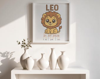 Lion Cub Birth Announcement Cross Stitch Pattern – Personalized Baby Sampler (PDF Download)