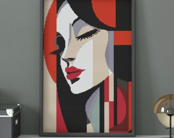 Patrón de punto de cruz de rostro abstracto, bordado de retrato geométrico de mujer (descarga en PDF)