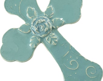 Turquoise Ceramic Wall Cross with Rose - Medium Pottery Wall Cross - Christian Gift - Gift of Faith