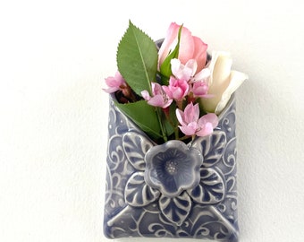 Purple Wall Pocket with Flower - Ceramic Wall Pocket - Envelope Wall Pocket - Business Card Holder - Toothpick Holder