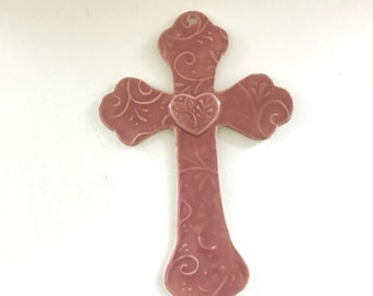 Wall Cross // Ceramic Wall Cross // Large wall Cross // Wall Art Cross // Christian Gift  // Handmade Cross //  Pink wall Cross