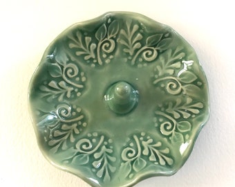 Ring Dish -  Ring Holder - Trinket Dish - Ring Bowl - Green Ring Dish with Vines and Leaves 4" Round