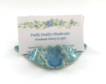 Business Card Holder // Flower Business Card Holder // Turquoise and Blue  Desk Accessory // Pottery Card Holder