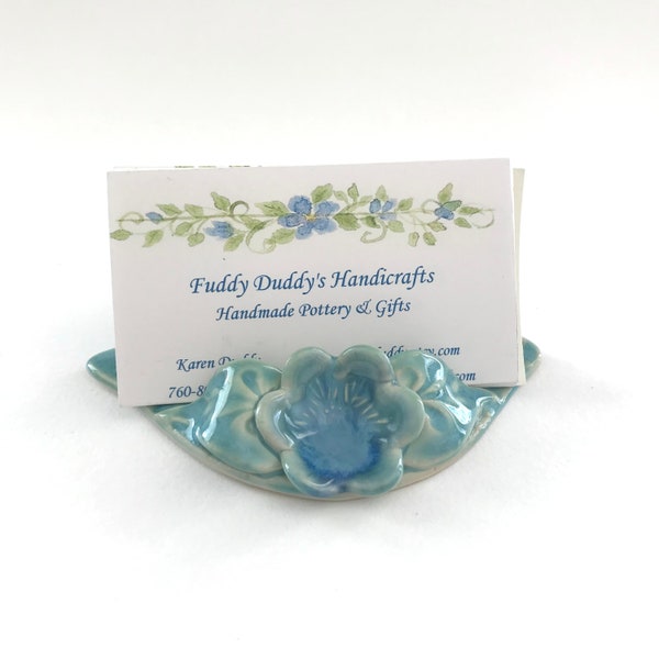 Business Card Holder // Flower Business Card Holder // Turquoise and Blue  Desk Accessory // Pottery Card Holder