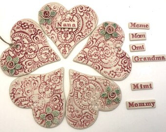 Personalized Pottery Ornament  - Nana - Meme - Mom - Mimi - Oma - Omi - Grandma - Ceramic Heart Ornament with Rose