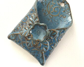 Blue Wall Pocket with Flower - Ceramic Wall Pocket - Envelope Wall Pocket - Business Card Holder - Toothpick Holder