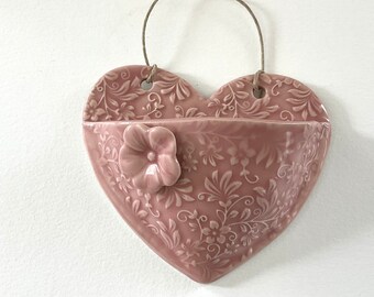 Pink Heart Wall Pocket with Flower // Ceramic Wall Pocket // Gift for Her // Air Plant Hanging Planter