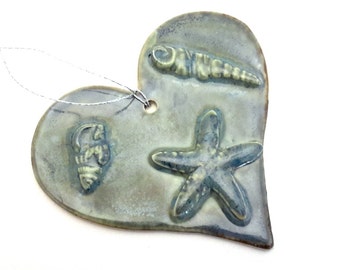 Pottery Heart Ornament - Ceramic Beach Ornament - Ceramic Ocean Heart Ornament with Sea Shells and Starfish in Blues