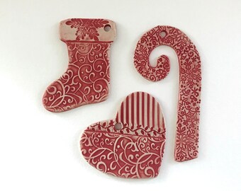 Red Rustic Ornament Set of 3 - Candy Cane - Stocking - Heart - Rustic  Christmas  - Shipping Included